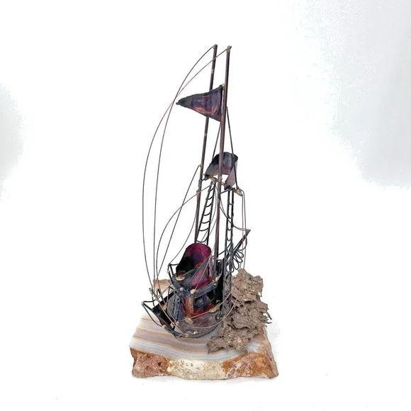 Vintage Nautical Decor Sculpture Copper Metal Sailboat On Marble Stone Base - Picture 8 of 10